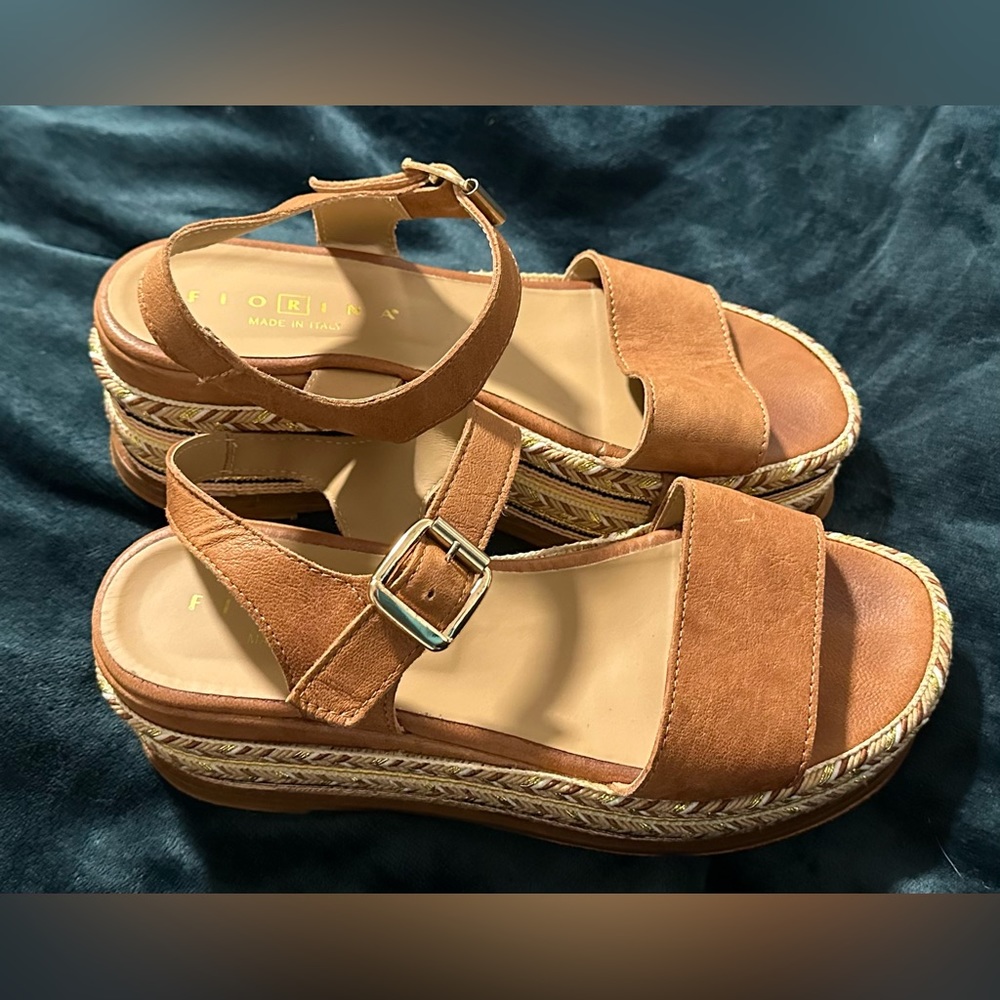 Fiorina Italian Made Cuoio Artigiano Sandals In Brown Leather w/Platform Wedge